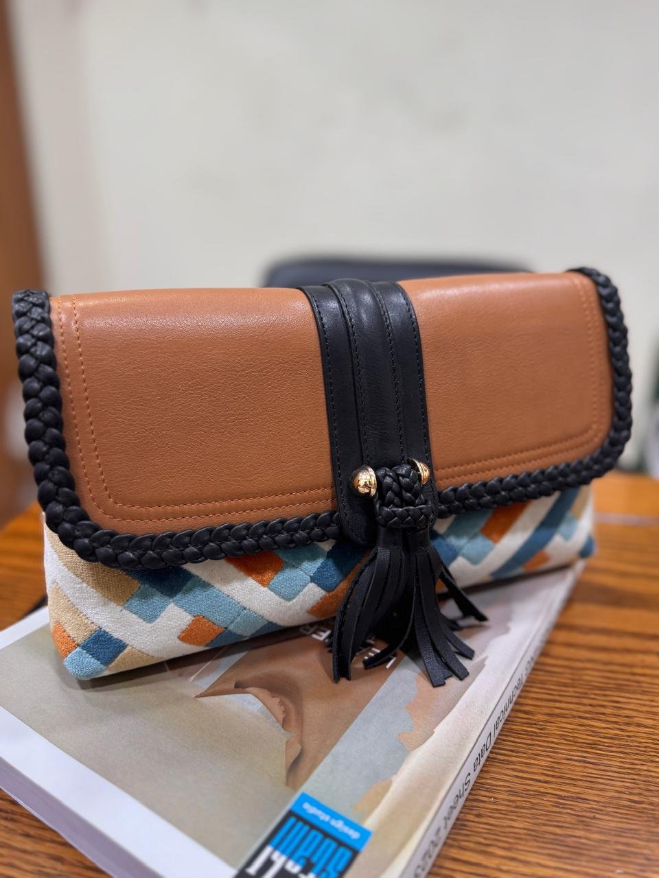 Handcrafted Leather and Patterned Fabric Evening Clutch - PoshPatternBD